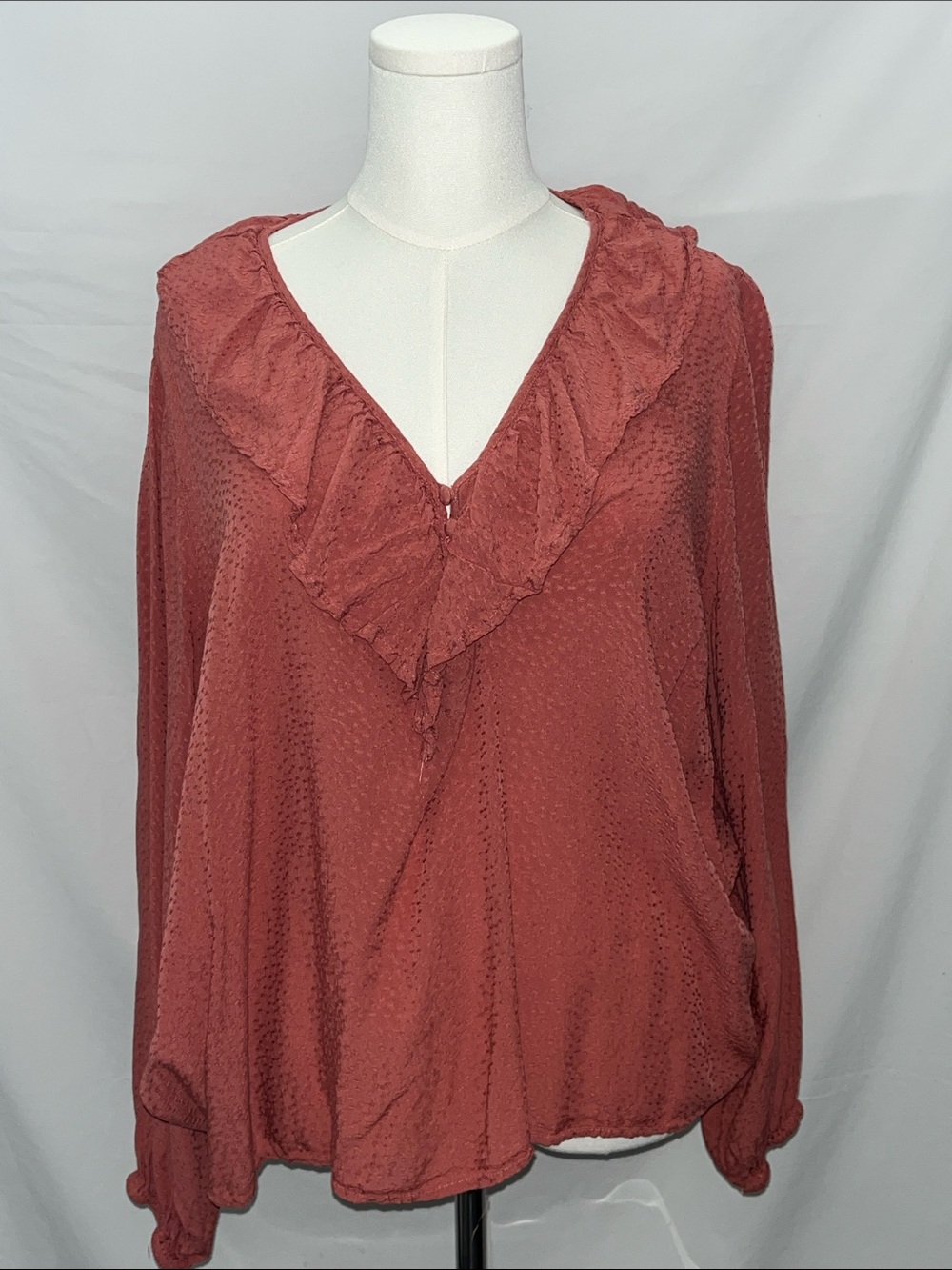 Lightweight Rust Ruffle V-Neck Blouse